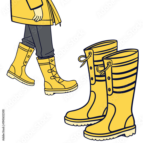 A person wearing yellow rain boots standing next to a pair of boots