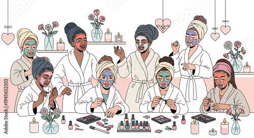 Diverse Group of Women Enjoying Spa Day with Facials and Manicures