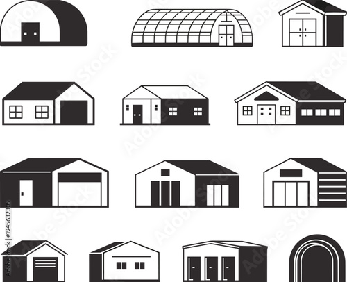 Warehouse and storage building icons set including hangar, garage, depot and industrial warehouse structures vector collection for logistics facilities