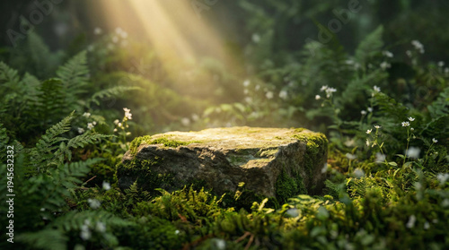 Stone podium in mossy forest for natural cosmetic product display.