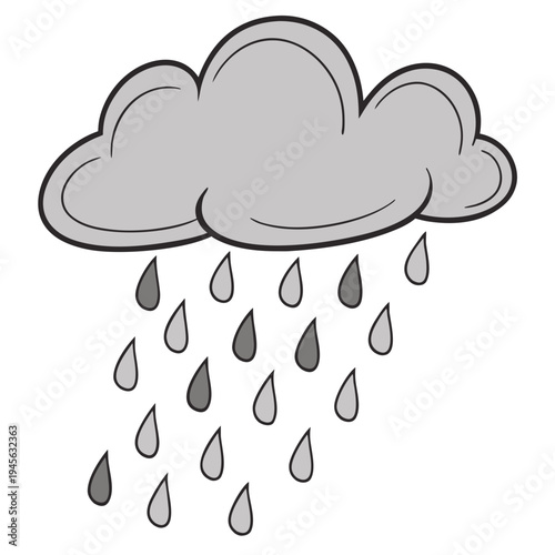 A gray cartoon cloud with raindrops falling from it