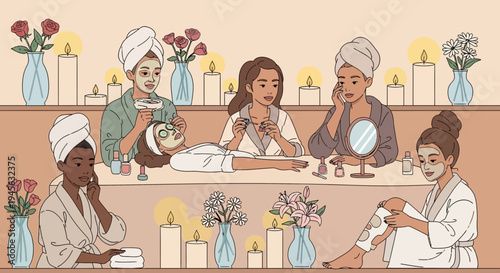 Diverse Group Pampering at Spa Party with Skincare Treatments and Candles