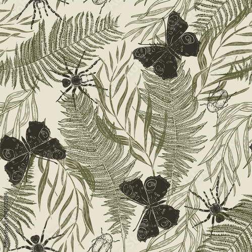 Butterflies, spiders, beetles and fern leaves vector silhouette seamless pattern. Vintage botanical illustration of insects and wild plants. Nature soft background for textile, wallpaper and design.