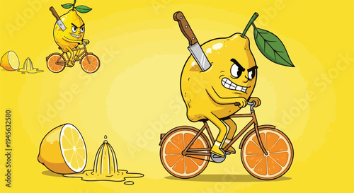 Angry cartoon lemon character with a knife stuck in its back furiously rides a bicycle with orange slice wheels, representing a sour situation on transparent background. on transparent background