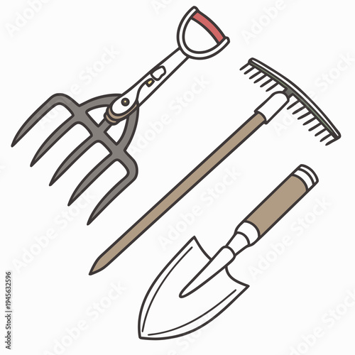 A garden fork and trowel with a rake