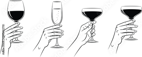 Collection of elegant hands holding various wine and champagne glasses including flutes and coupes in a minimalist black and white line art vector style.