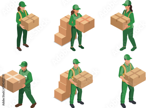 荷物を運ぶ配達員・作業員のアイソメトリックイラストセット（物流・配送・引っ越し）、グリーン系
