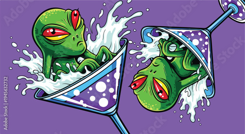 Two funny green extraterrestrial aliens with red eyes splashing out of stylized purple martini cocktail glasses on transparent background. on transparent background