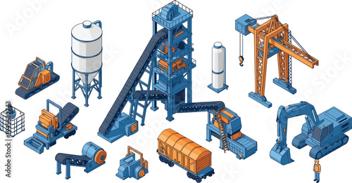 Isometric illustration of industrial construction site with cranes, vehicles, silos, conveyor systems, and worker, symbolizing machinery, infrastructure, m