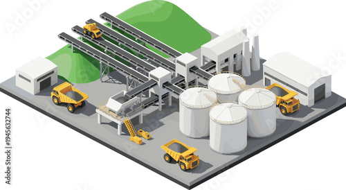 Isometric illustration of industrial cement plant with silos, conveyor belts, construction vehicles, and stockpiles, symbolizing manufacturing, processing, engineering, industry, aojects
