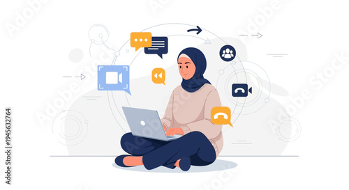 Muslim woman in hijab working on laptop, surrounded by communication icons, online connection