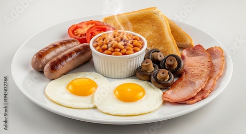 A delicious and hearty English breakfast with fried eggs, sausages, bacon, beans, mushrooms, and toast