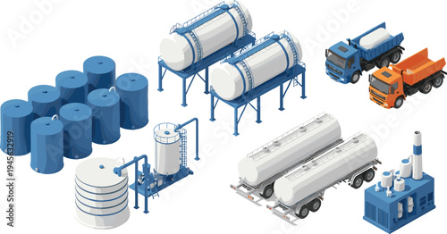 Isometric illustration of industrial equipment including storage tanks, pressure vessels, trucks, and factory units, symbolizing chemical processing, petroleum refining, logistics, and infrast