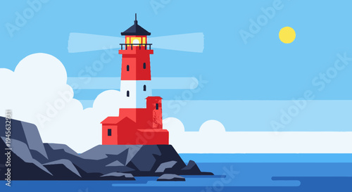 Red and White Lighthouse on Rocky Coast.