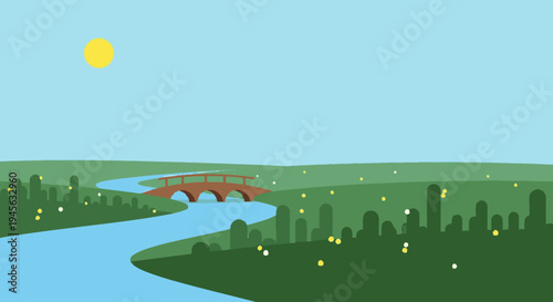 Red Bridge over River in Cityscape.