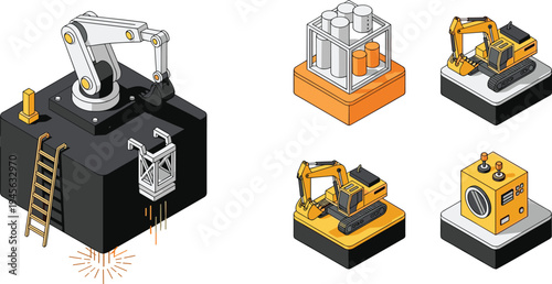 Isometric industrial machines collection with robotic arm, excavator, factory equipment and control unit, modern manufacturing technology vector illustration set isolated on white background