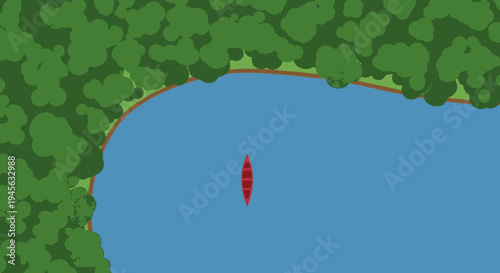 Red Canoe in Serene Blue Lake.