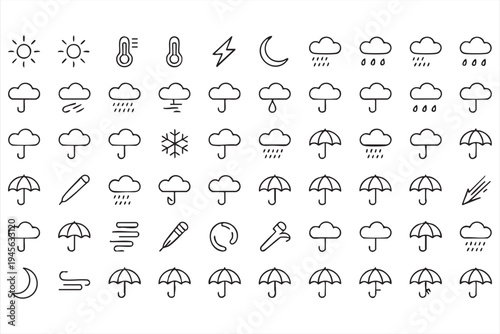 Outline meteorology icons for forecast apps, widgets, and environmental design