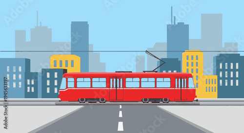 Red Tram on City Roadway.