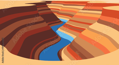 River Flowing Through Canyon Illustration Artwork.