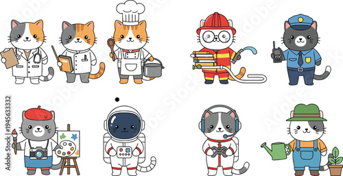 Adorable Cats in Different Occupations - Cute Animal Illustrations in Uniforms