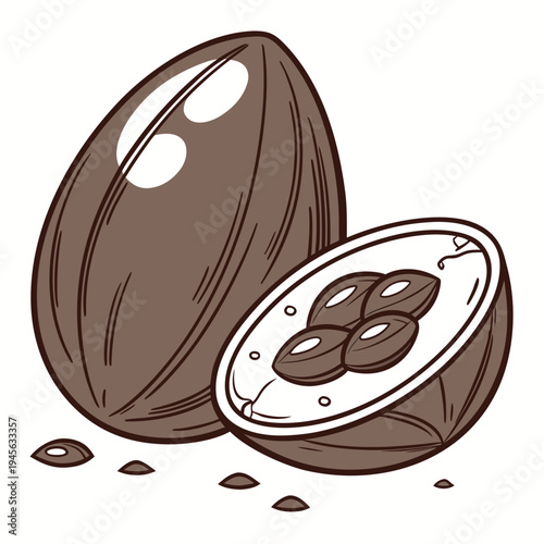 A brown coconut with one half cut open