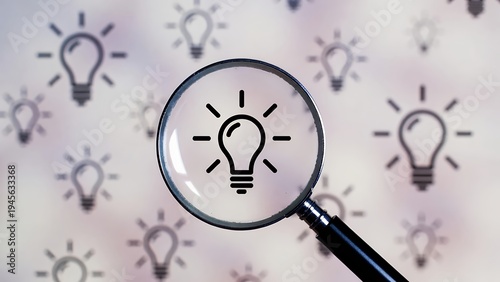 Magnifying glass focusing on a light bulb icon for creative discovery and idea research background.