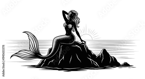 Silhouette of a mermaid sitting on a rock in the sea.