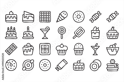 Cake and confectionery line icons for restaurant menus and food graphics