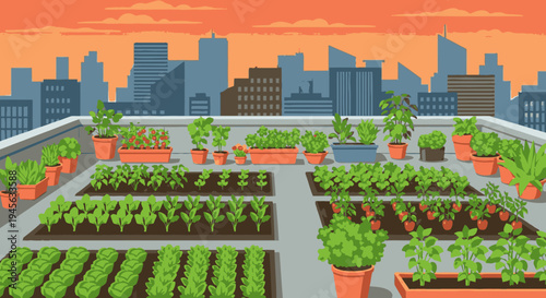 Rooftop Garden with Potted Plants and Vegetables.