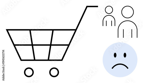 E-commerce challenges . A shopping cart, sad face, and people icons highlight e-commerce complexities. E-commerce issues, user dissatisfaction, or customer experience . For retail, online business