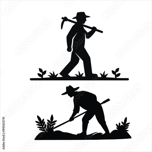 Farmer Silhouette Vector Set - Man Working with Hoe in Field.