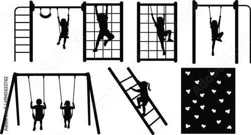 Kids playground activity silhouettes with swings, climbing ladder, monkey bars and wall climbing, children outdoor play equipment vector icon set isolated