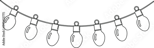 Blue outline illustration of Christmas string lights, festive hanging light bulbs vector, holiday garland decoration, party celebration border icon, isolated on white background