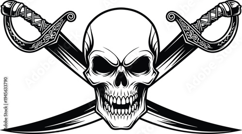 Blue and black pirate skull illustration with crossed swords, nautical jolly roger emblem vector, gothic saber and skeleton head graphic, isolated white background