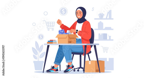 Muslim Woman Packing Online Orders, E-commerce Small Business Owner
