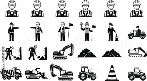 Construction worker icons silhouette, heavy machinery vector, building site illustration, safety equipment graphic, excavator bulldozer dump truck design, traffic cone symbol, industrial labor art