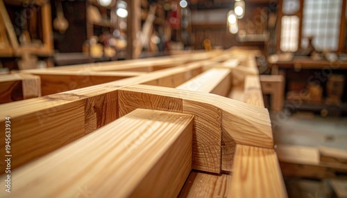A detailed view of interlocking tenons and mortises, showcasing traditional Japanese wooden joinery and masterful craftsmanship in a woodworking workshop.