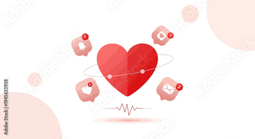 Red Heart Icon with Social Media Notifications, Love and Connection Concept