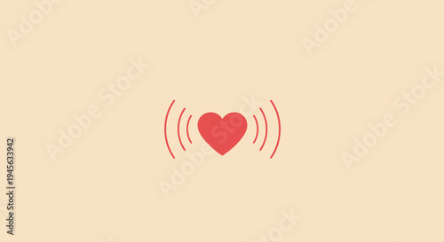 Red Heart Icon with Sound Waves on Beige Background, Love Signal Concept