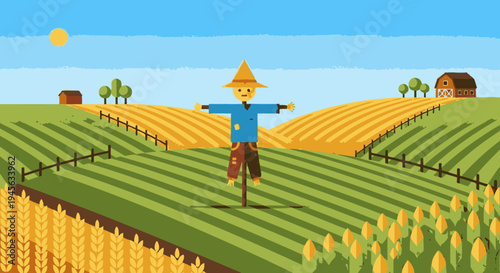 Scarecrow Standing in Green Crop Field.