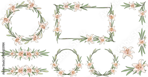 Elegant Lily Flower Frame Collection Vector Illustration with Floral Borders Wreaths and Decorative Corners Isolated on Light Background