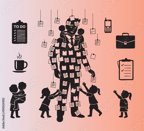 Busy parent balancing work and family responsibilities in illustration style