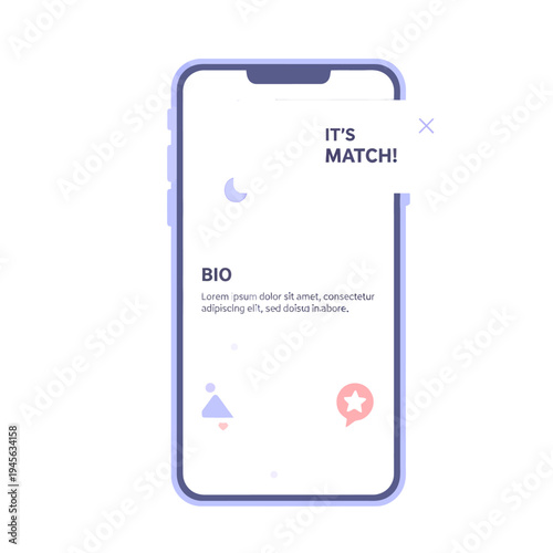 Modern smartphone with dating app profile screen and 'It's Match!' notification, flat vector design illustration.