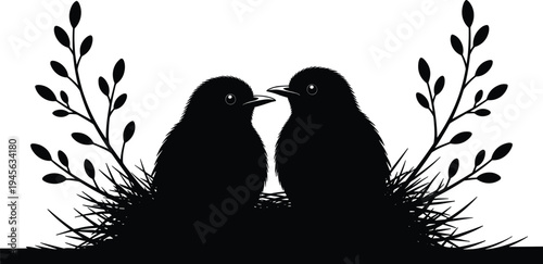 Love birds silhouette sitting in nest with branches, romantic wildlife scene, black vector illustration isolated on white background for design