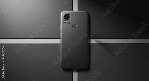 A sleek black smartphone with dual cameras on a modern gray background with white lines