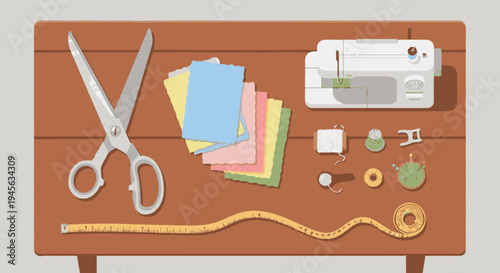 Sewing Tools and Materials on Table.