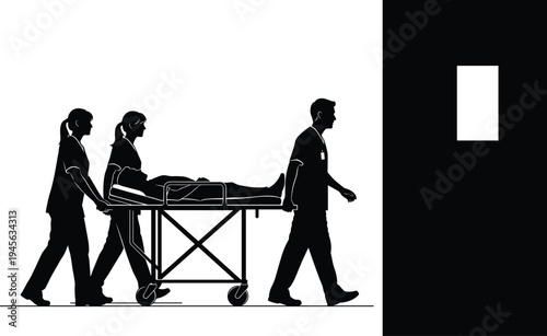 Medical team transporting patient on hospital stretcher to emergency room, healthcare workers moving injured person on gurney silhouette vector illustration isolated