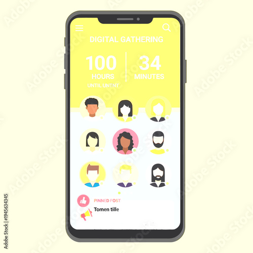 Mobile Application Interface Displaying Digital Gathering with User Avatars, Countdown Timer, and Notifications