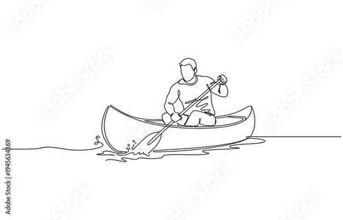 A single continuous line drawing of a man overcoming the distance on a canoe. 
